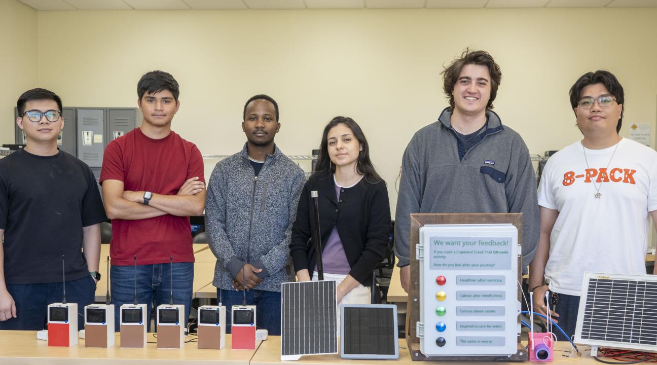 A group picture of students who worked during Summer of 2026 with their projects in front of them