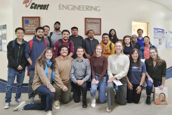 A picture of members of Medtronic and students at the entrance of Cerent Engineering Complex