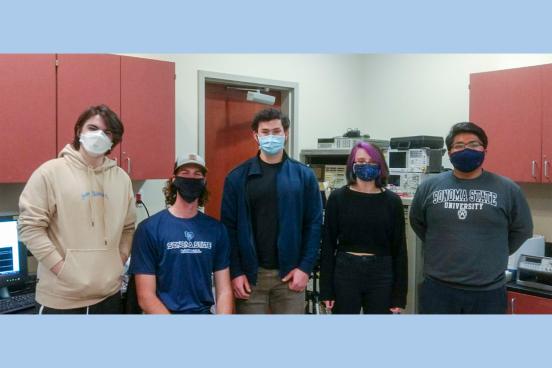 From left to right: Andrew Wolfe, Blake Janowicz, Jason Knight-Han, Alexandria Walker and Jesus Perez-Quintero