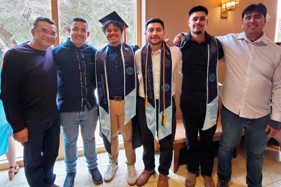 Left to Right: Dr. Farid Farahmand, Manuel Vazquez, Jorge Romero, Oscar Avendano, Pablo Orozco and Jonathan Perez Picture of EE graduates participating in La Raza Graduation
