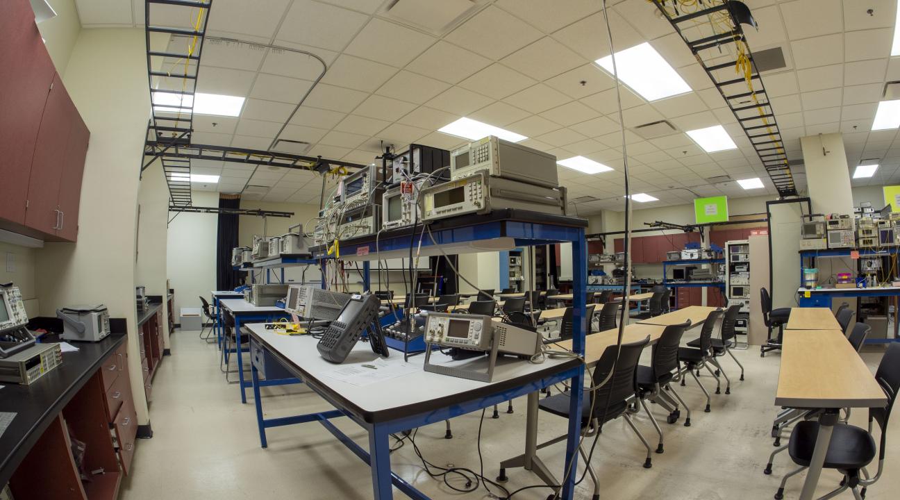 Picture of Salazar Hall, room 2001 from one of the workstations