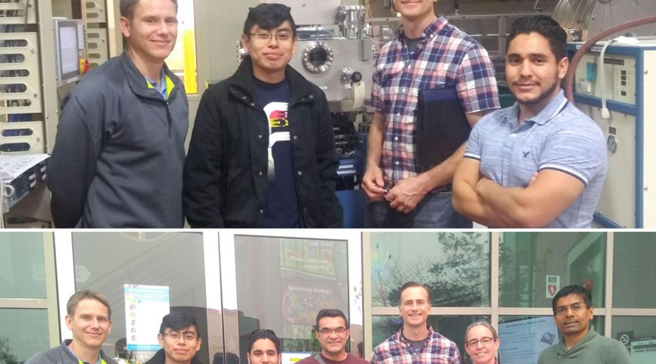 Bottom picture, from left to right: Matthew Rosi, Anthony Arjona, Jesus Gonzalez Villafuerte, Dr. Farid Farahman, Jaoshua Paine, Dr. Corie Ralston and Dr. Sayan Gupta