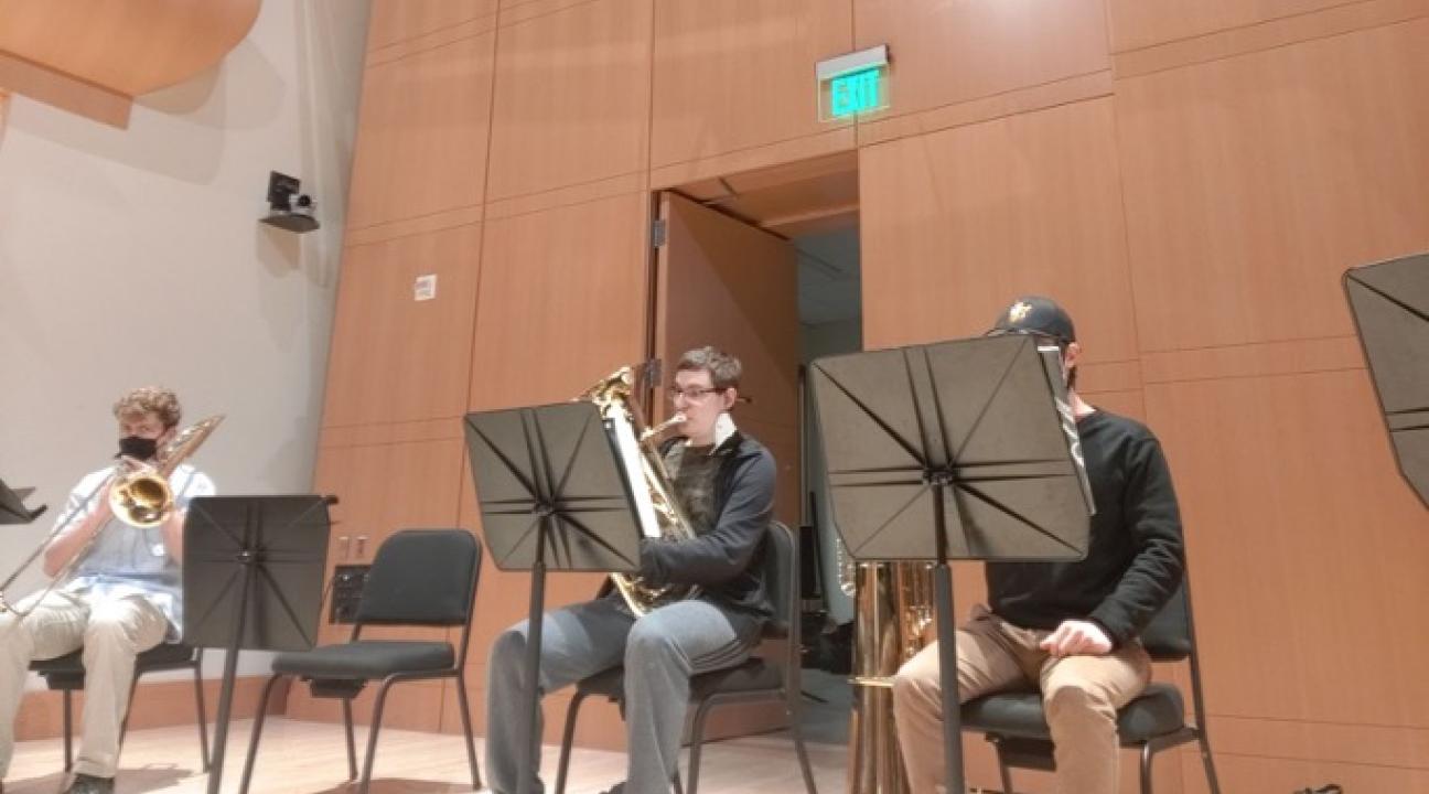 Gabriel Nicholson rehearsing with the SSU Brass Ensemble at the Green Music Center