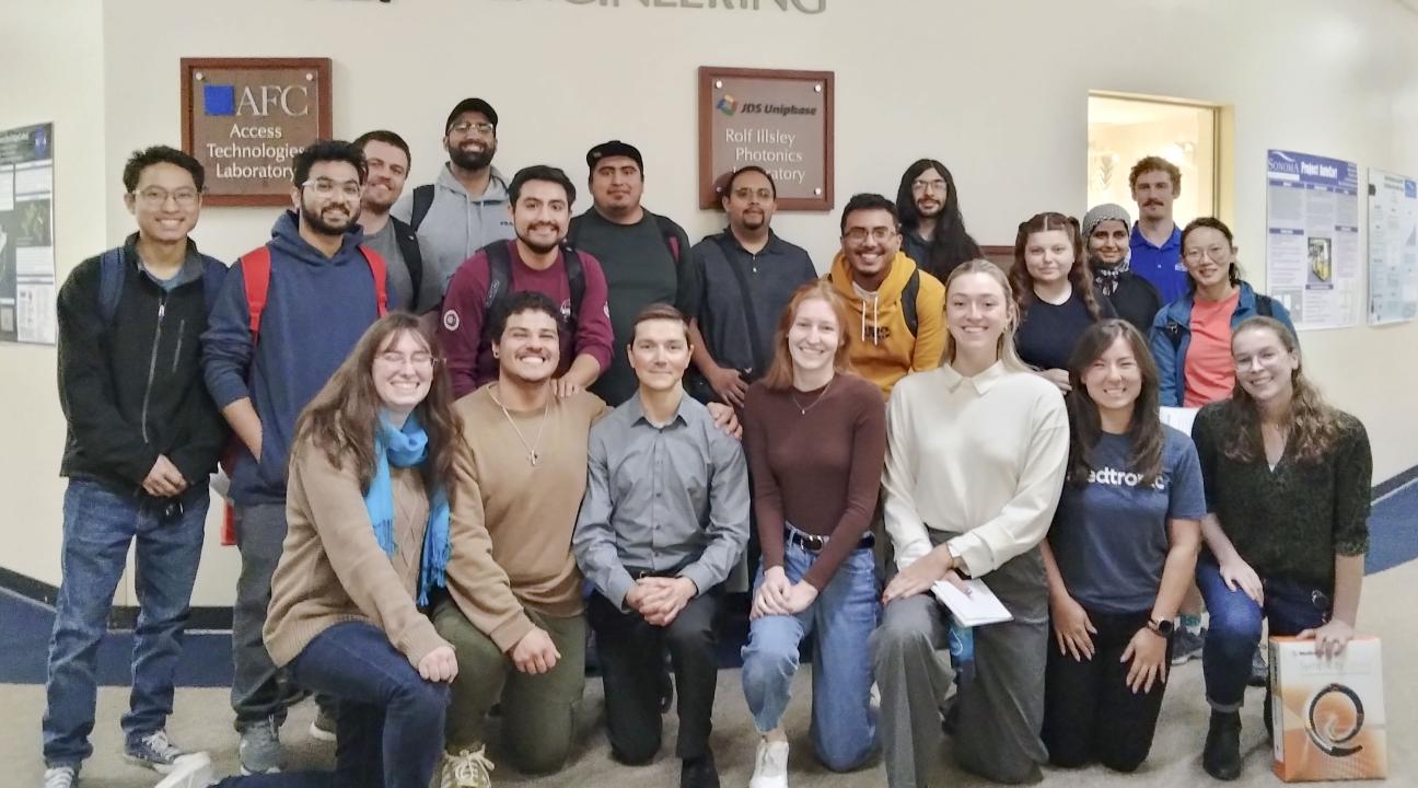 A picture of members of Medtronic and students at the entrance of Cerent Engineering Complex