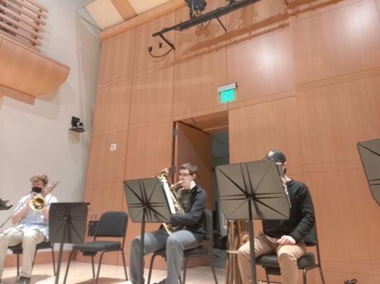 Gabriel Nicholson rehearsing with the SSU Brass Ensemble at the Green Music Center