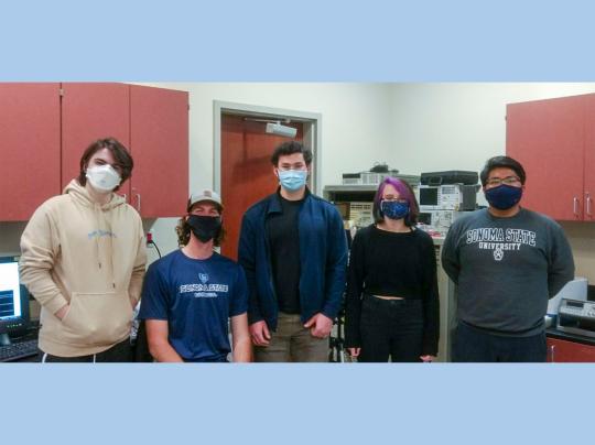 From left to right: Andrew Wolfe, Blake Janowicz, Jason Knight-Han, Alexandria Walker and Jesus Perez-Quintero
