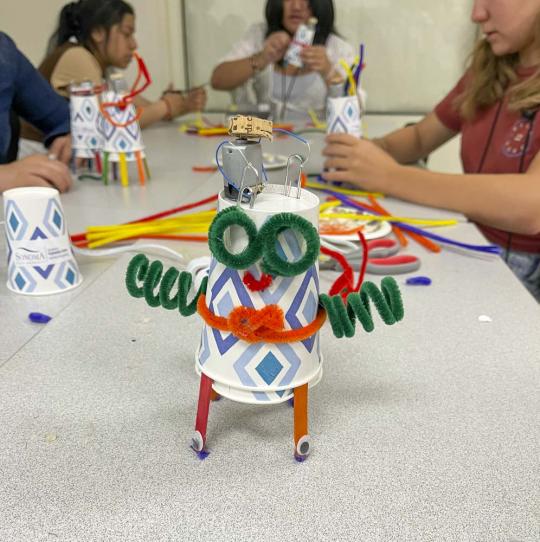 Picture of a paper cup robot Tech Trek students built